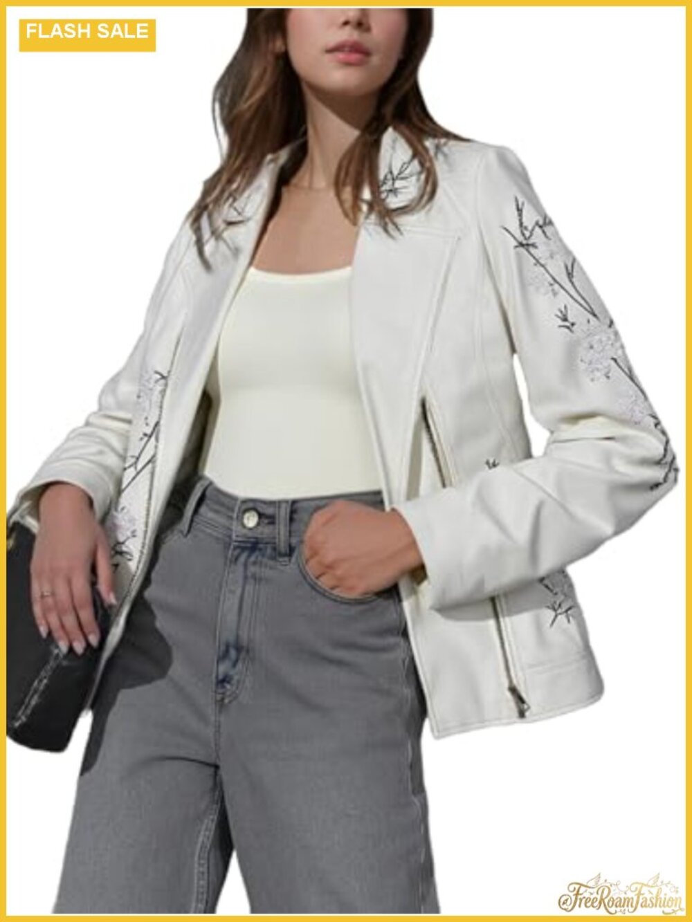 Faux Leather Floral Embroidered Moto Jacket Lightweight Notch Lapel